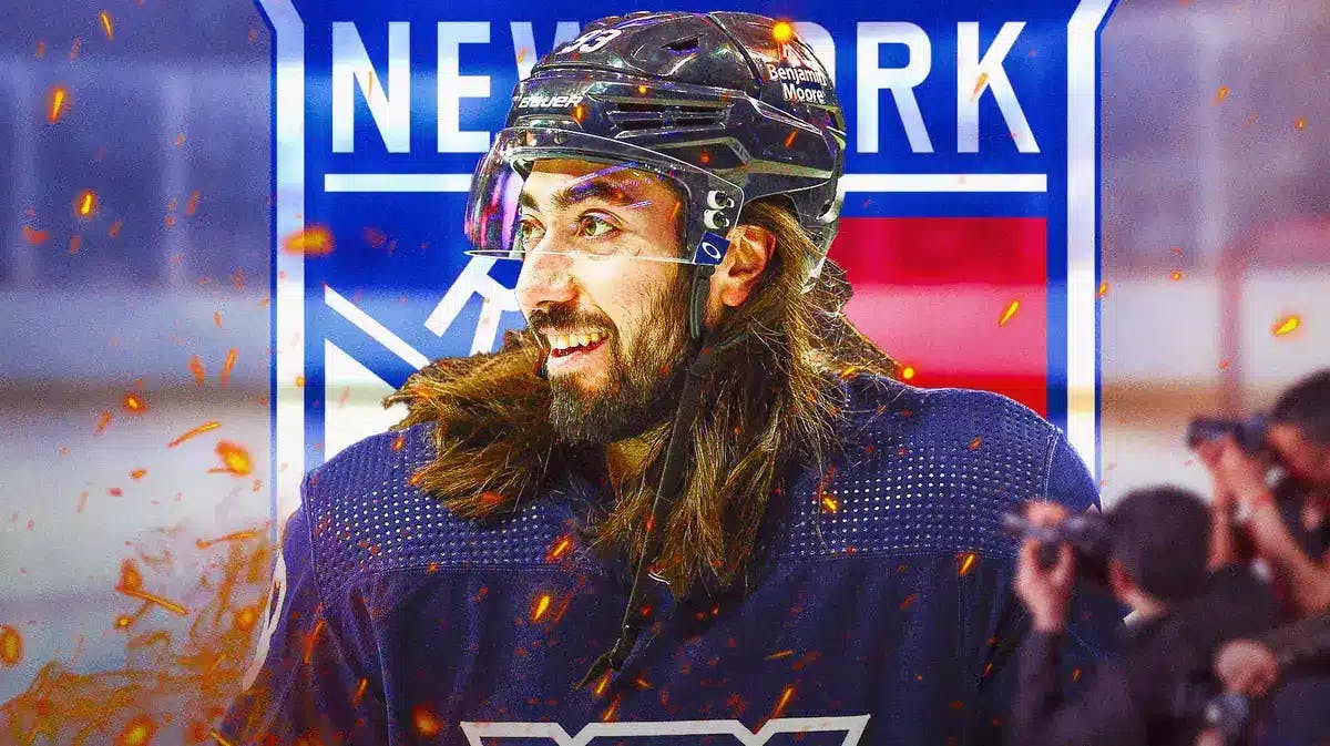 Mika Zibanejad in middle of image looking happy with fire around him, NY Rangers logo in image, hockey rink in background