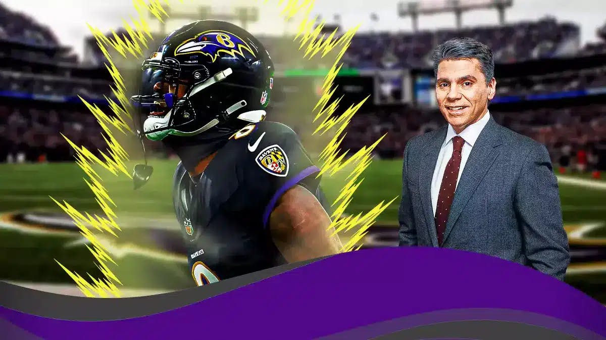 Baltimore Ravens quarterback Lamar Jackson angry/shouting with Super Saiyan aura. Mike Florio in the background.