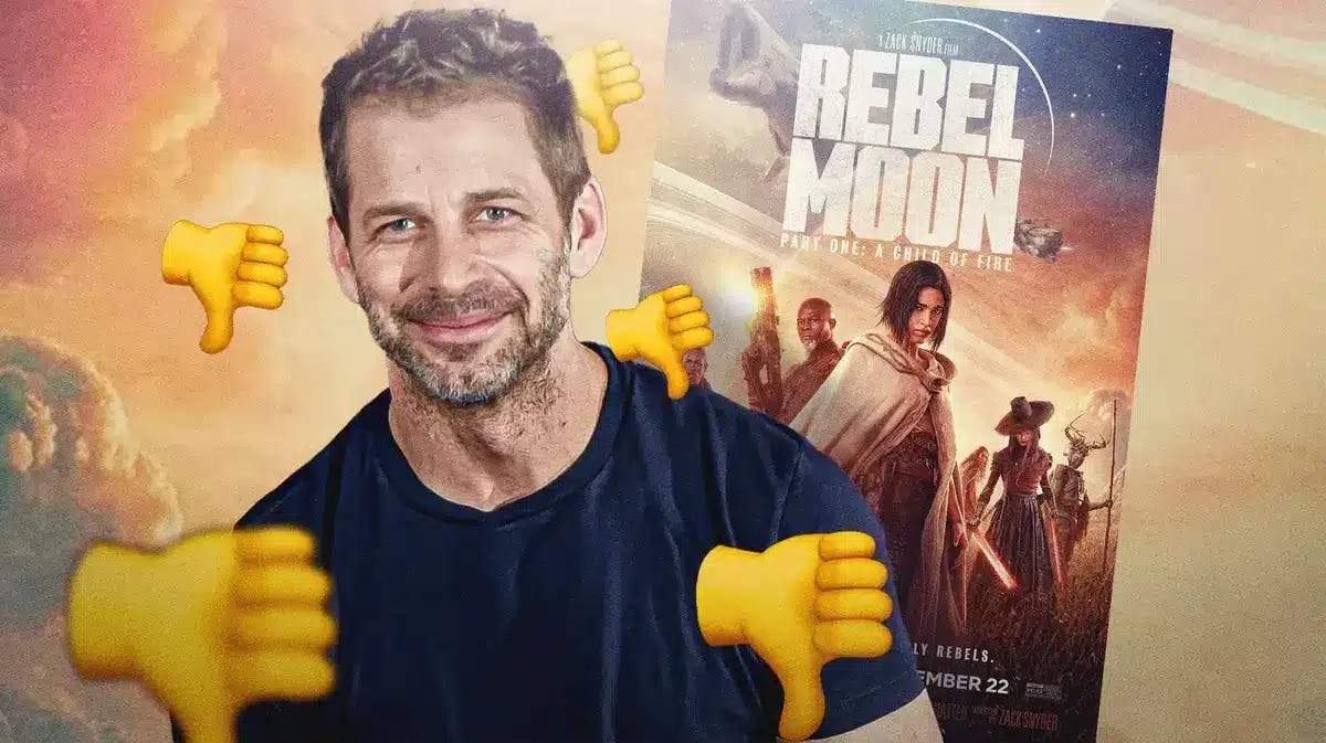 Zack Snyder next to Rebel Moon poster and thumbs down emojis.