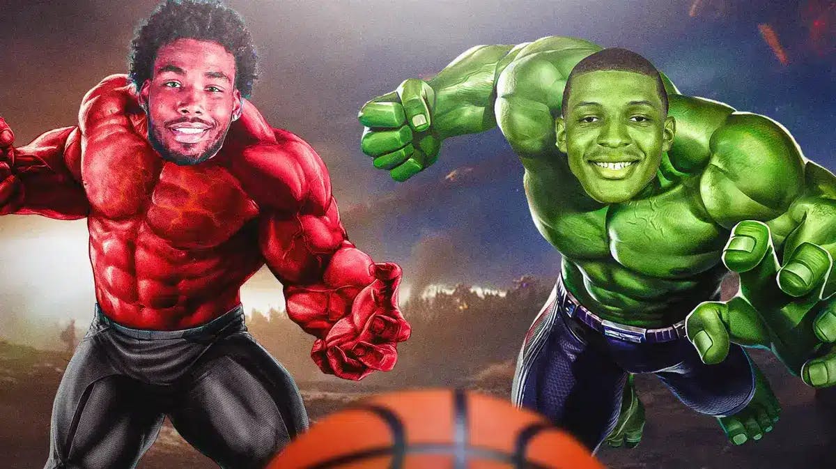 Rockets' Tari Eason as Red Hulk, Jabari Smith Jr. as Green Hulk, both smiling