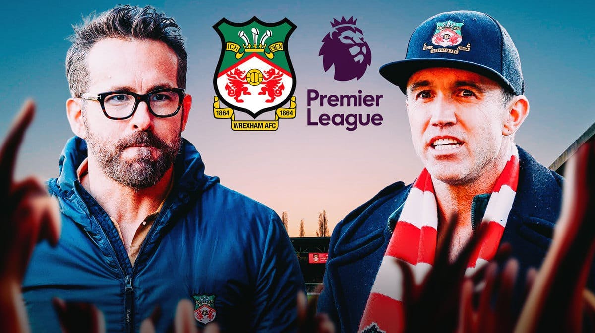 Ryan Reynolds and Rob McElhenney in front of the Wrexham and Premier League logos