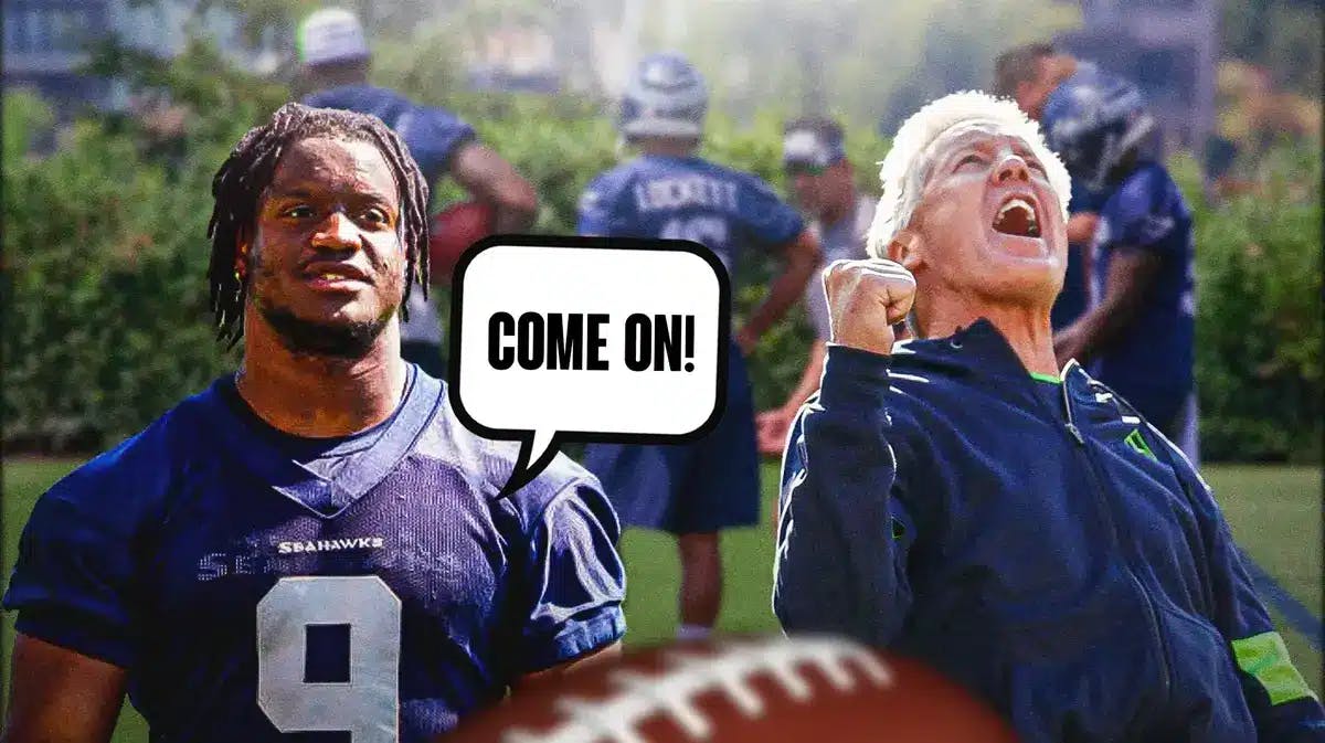 Thumb: Kenneth Walker saying, “Come on!” Seahawks players, Pete Carroll looking excited.