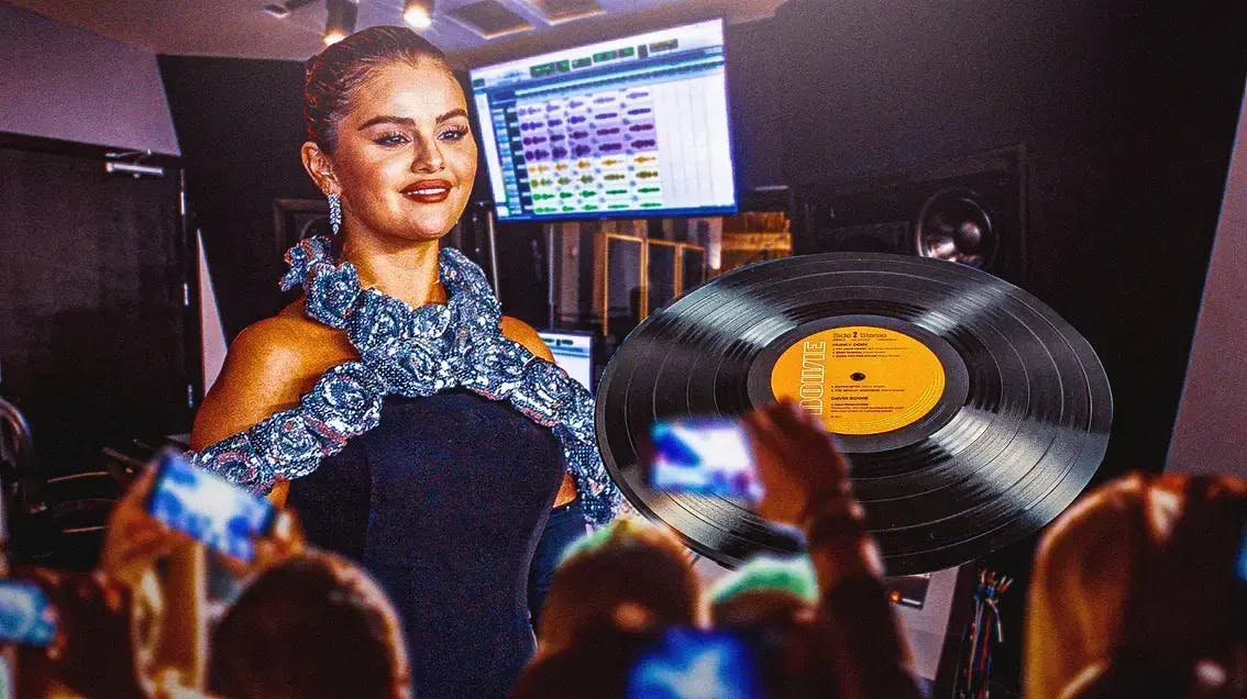 Selena Gomez with fans and a record in front of her.