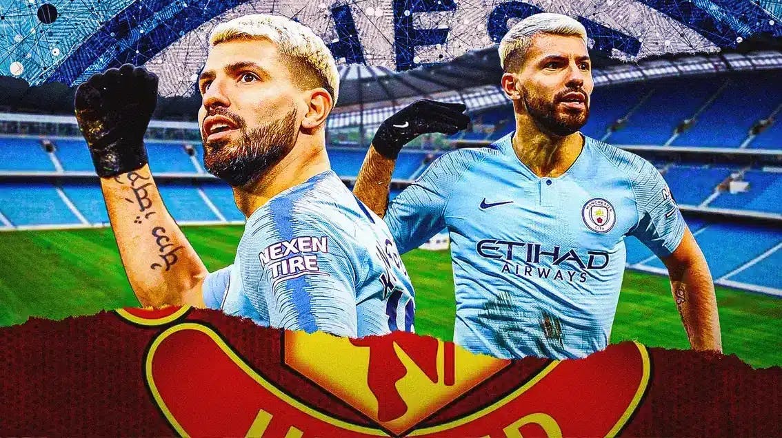 Sergio Aguero inbetween the Manchester United and Manchester City logos