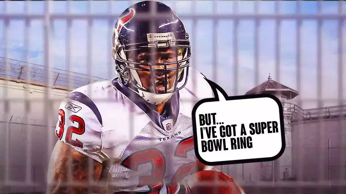 Derrick Ward as a member of the Houston Texans, behind bars, with speech bubble, "But... I've got a Super Bowl ring."