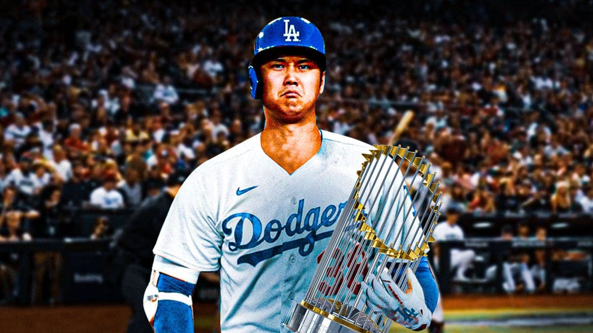 Shohei Ohtani, in a Los Angeles Dodgers uniform, with the World Series trophy