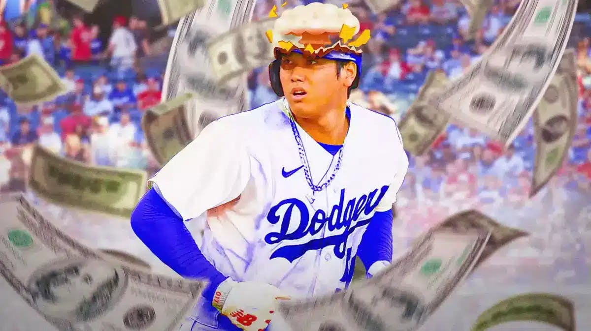 Shohei Ohtani in Dodgers jersey with money falling around him.