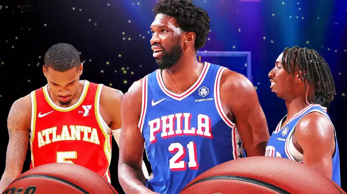 Hawks' Dejounte Murray and Sixers' Joel Embiid and Tyrese Maxey