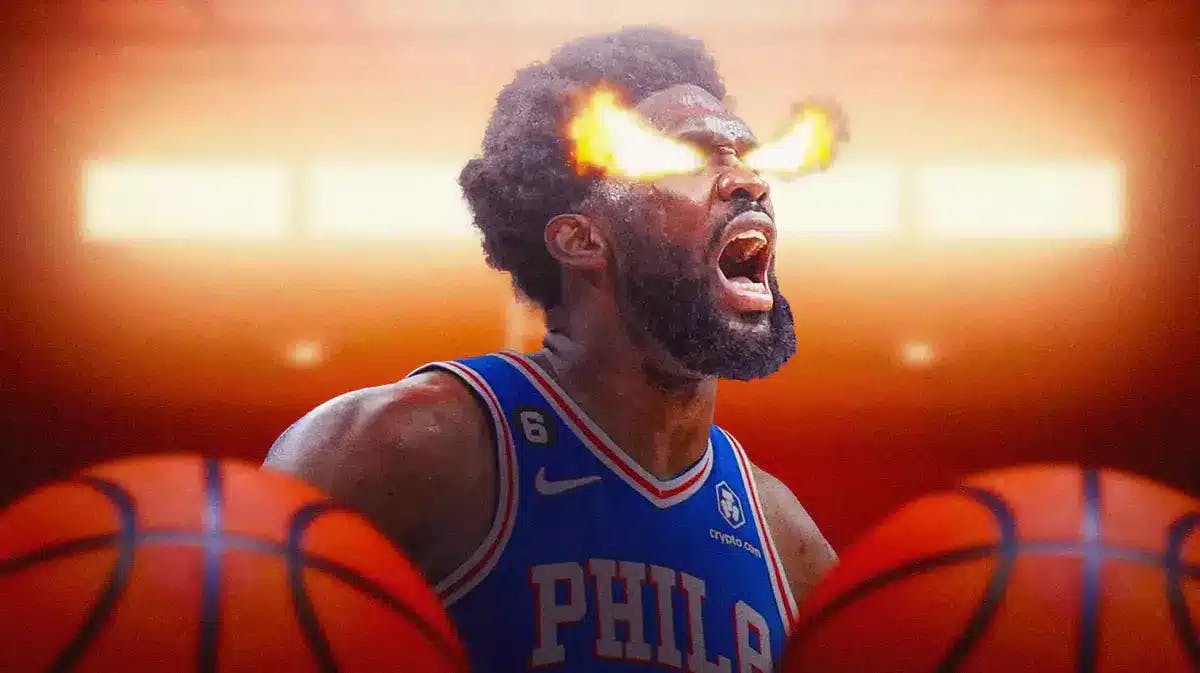 Sixers' Joel Embiid with fire coming out of his eyes