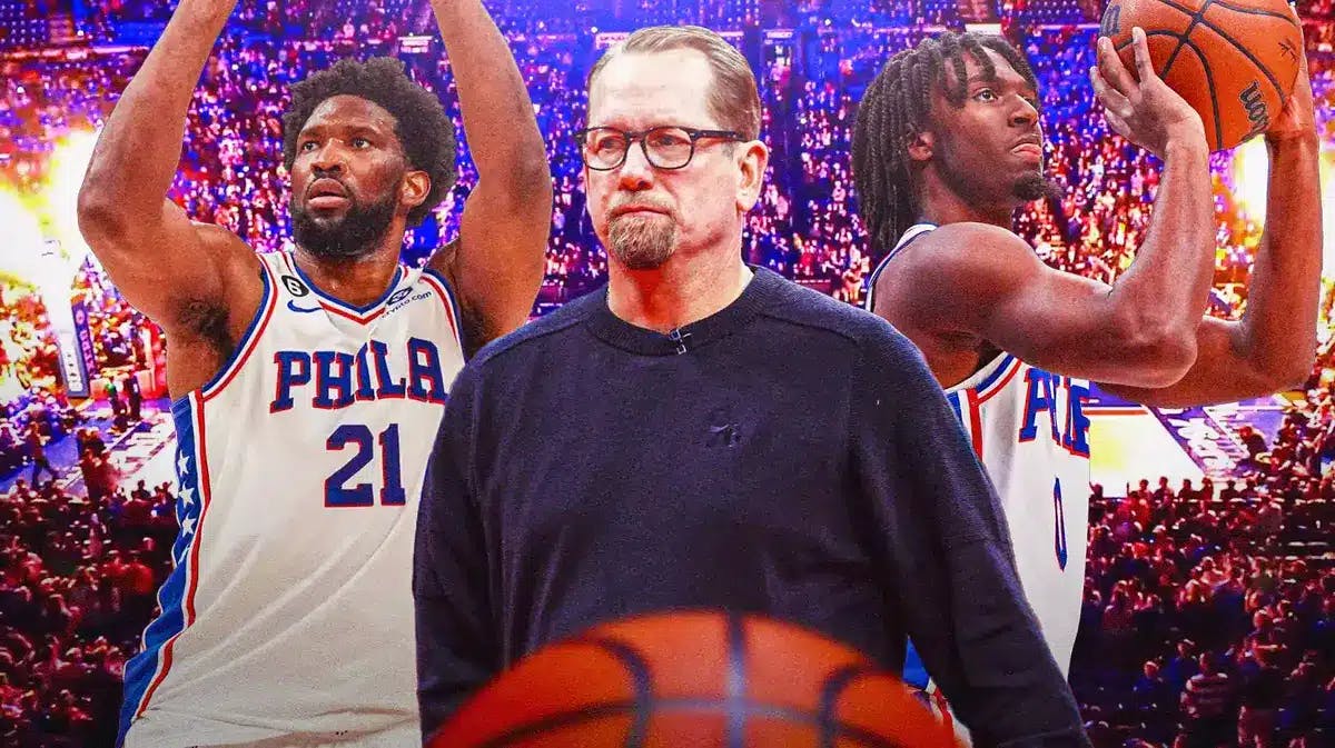 Sixers' Joel Embiid and Tyrese Maxey shooting the ball next to Nick Nurse