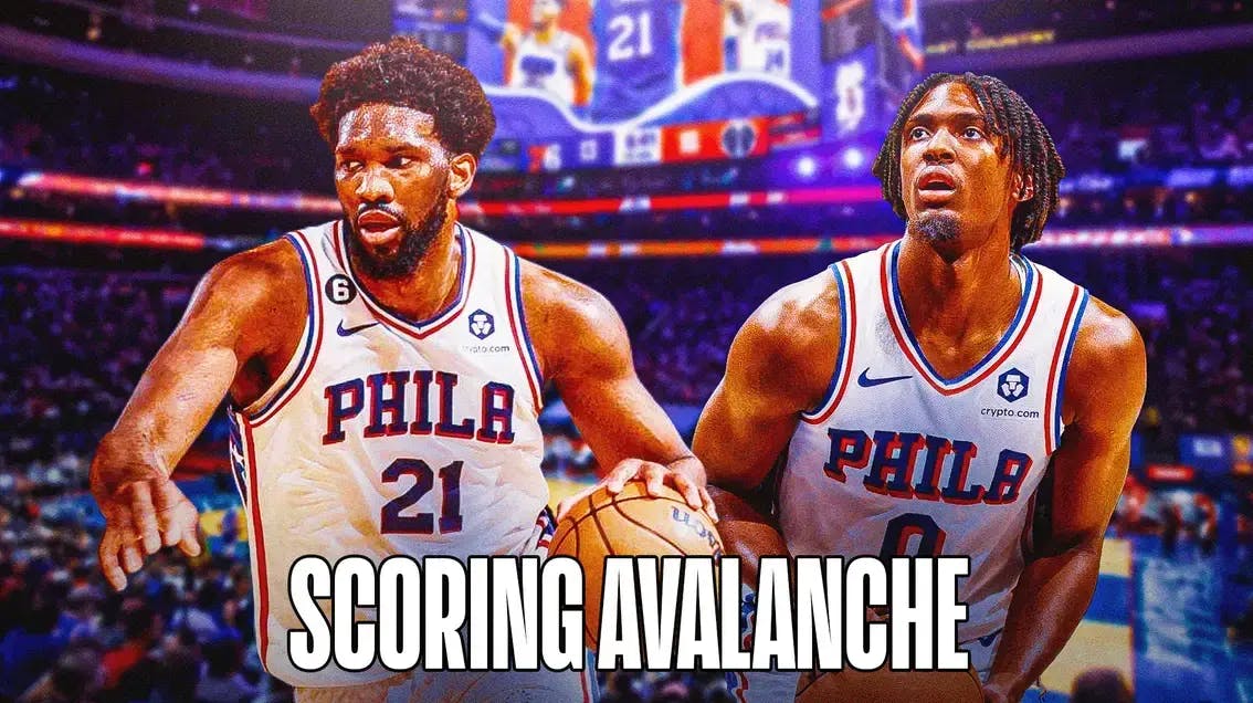 Sixers' Joel Embiid and Tyrese Maxey behind a caption that reads “scoring avalanche”