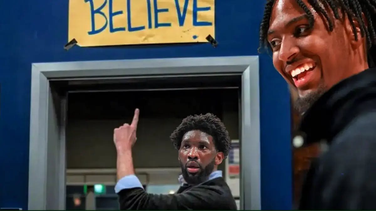Sixers' Joel Embiid as Ted Lasso pointing to the BELIEVE sign, with Tyrese Maxey smiling on the side