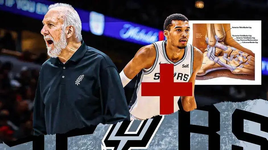 Spurs' Gregg Popovich and Victor Wembanyama looking serious, with a diagram of an ankle injury beside Wembanyama with the red medical cross beside him
