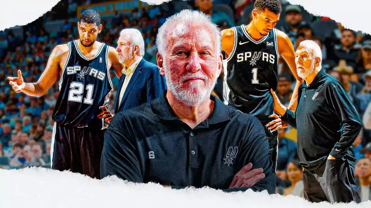Two panels; on the left is a picture of Gregg Popovich coaching Tim Duncan (1998), on the right is a picture of Gregg Popovich coaching Victor Wembanyama (2023), with the Spurs head coach in the middle of both panels, smiling