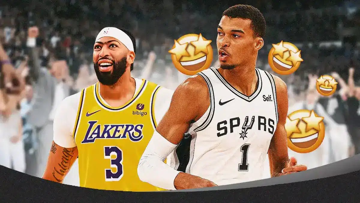 Spurs' Victor Wembanyama hyped up, with a smiling Lakers' Anthony Davis beside him, starry-eye emoji around Wembanyama with a cheering Frost Bank Center in the background