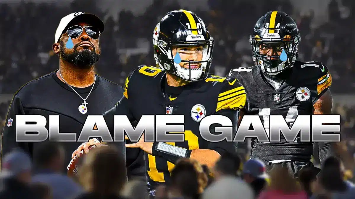 Mike Tomlin, Kenny Pickett, George Pickens all with tear emojis 💧 and with gray skies in the background.