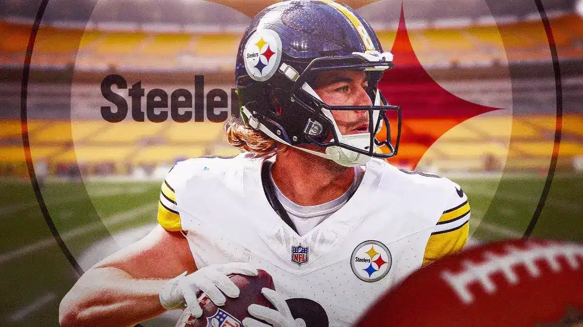 Steelers' Kenny Pickett looking serious with the Steelers logo in background.