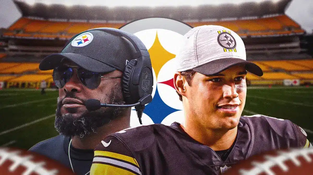 Photo: Mason Rudolph and Mike Tomlin in Steelers gear with Steelers logo behind them
