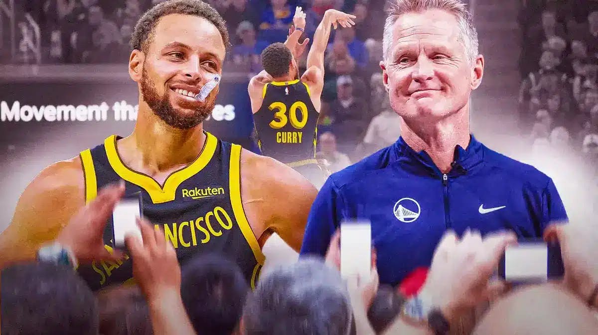 Warriors' Steve Kerr and Warriors' Stephen Curry both laughing in front. In background, Warriors' Stephen Curry shooting a basketball.