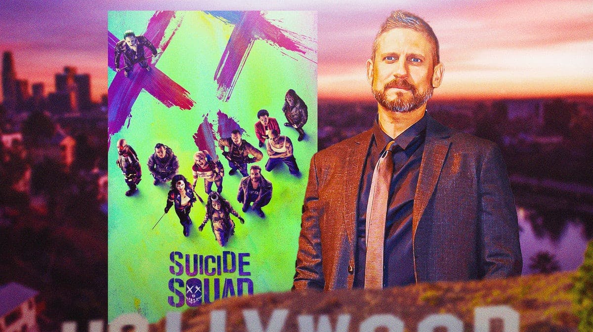 Suicide Squad poster next to David Ayer.