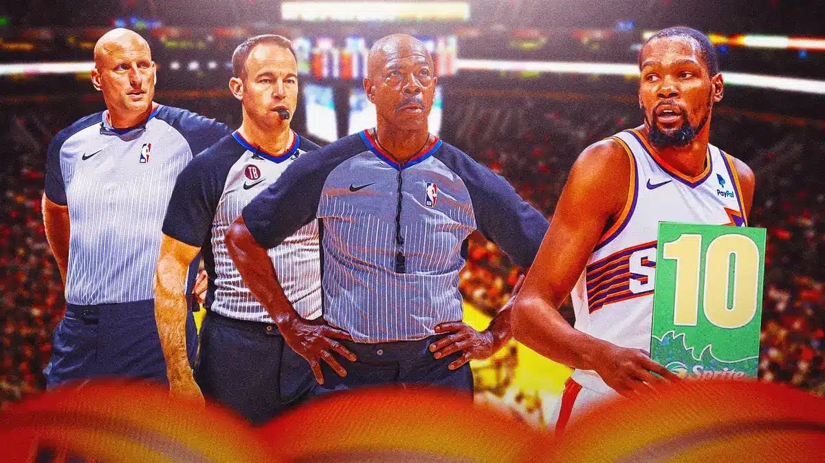 Suns' Kevin Durant raising a 10 board (like in the dunk contest) towards referees Tom Washington, Josh Tiven, and Eric Dalen