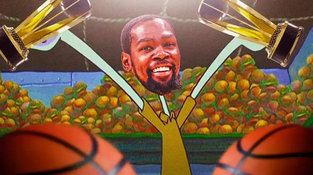 Suns' Kevin Durant as Squidward loving krabby patties, but instead of Krabby Patties, it’s the NBA in-season tournament trophy