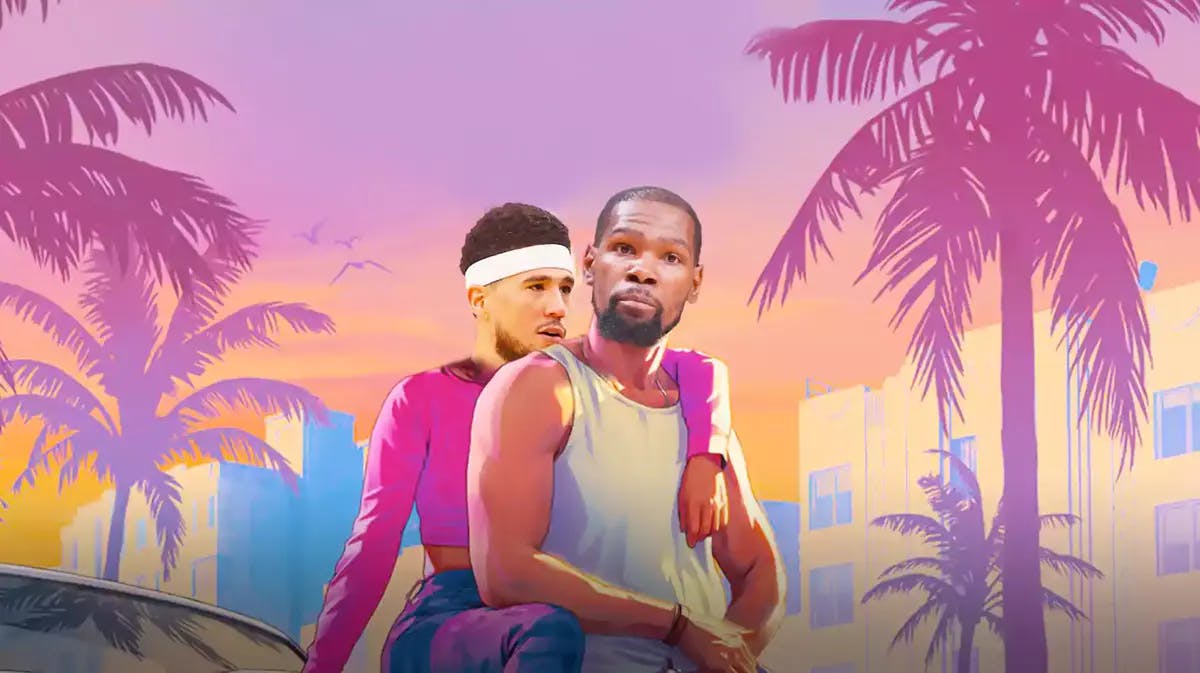 Devin Booker as the woman and Kevin Durant as the guy in GTA 6 poster