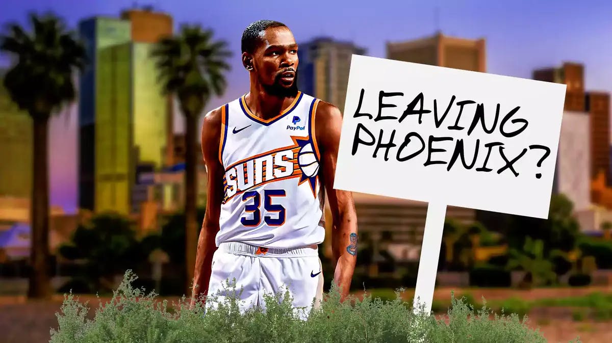 Suns' Kevin Durant standing in image. Place a sign next to him that reads: Leaving Phoenix?