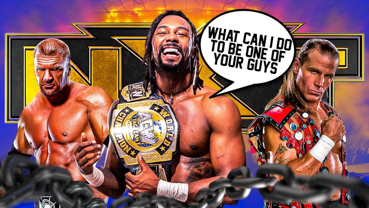 Swerve Strickland with a text bubble reading “What can I do to be one of your guys?” with Triple H on his left and Shawn Michaels on his right with the NXT logo as the background.