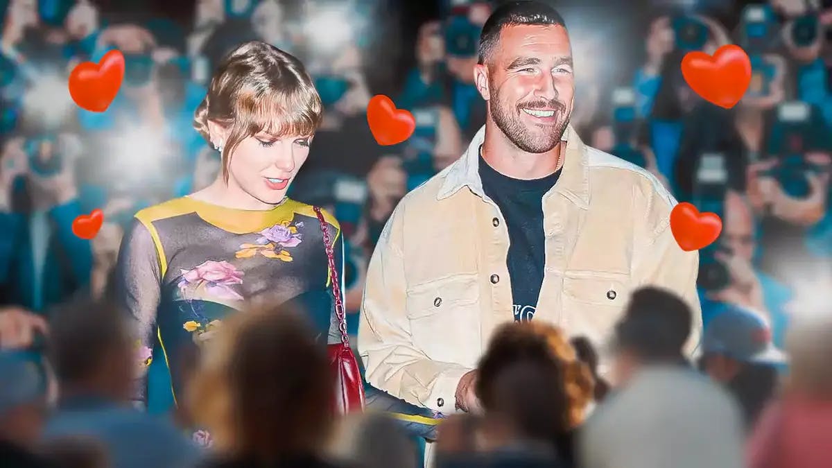 Taylor Swift and Travis Kelce with hearts and cameras surrounding them