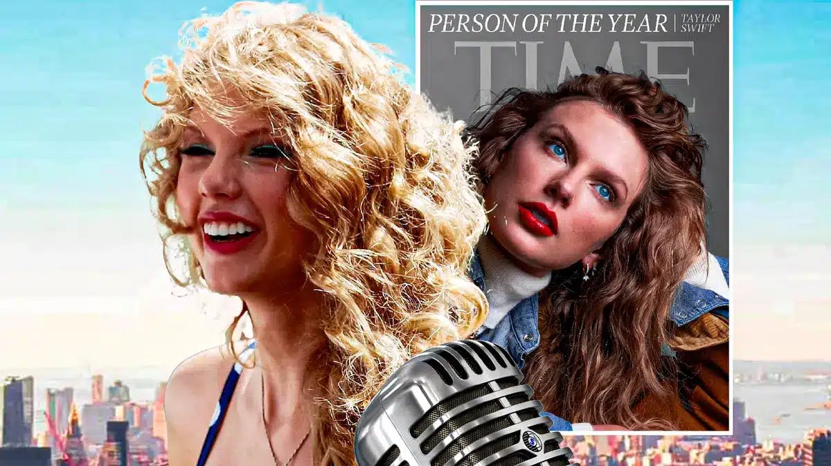 Taylor Swift next to Time Person of the Year 2023 issue.