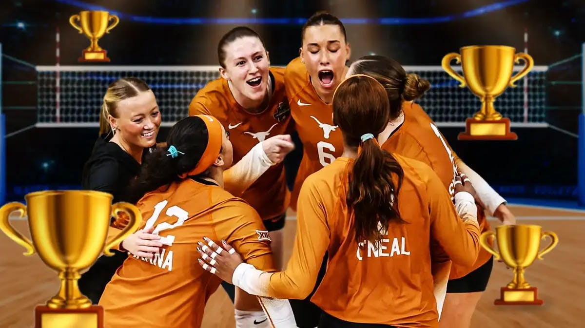 The Texas women’s volleyball team, looking excited, with trophy emojis