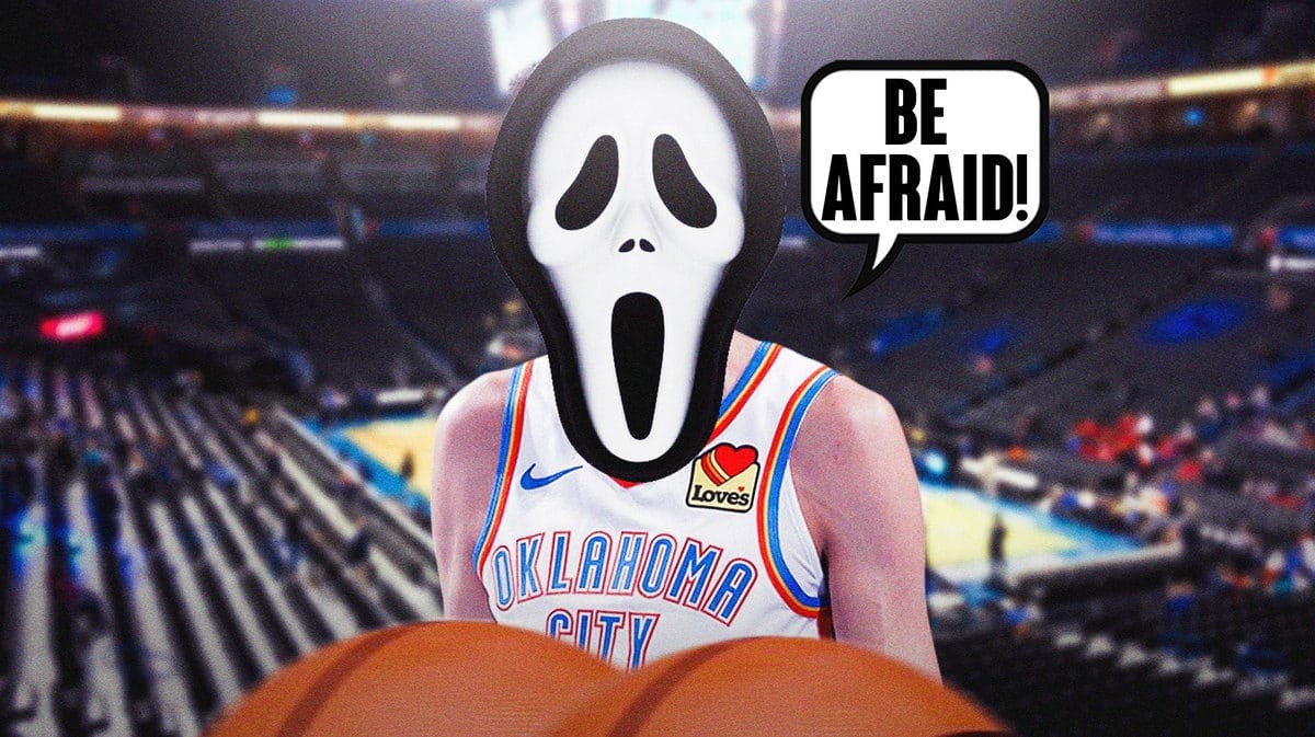 Thumb: Thunder' Chet Holmgren wearing a “ghost” mask, saying, “Be afraid!”
