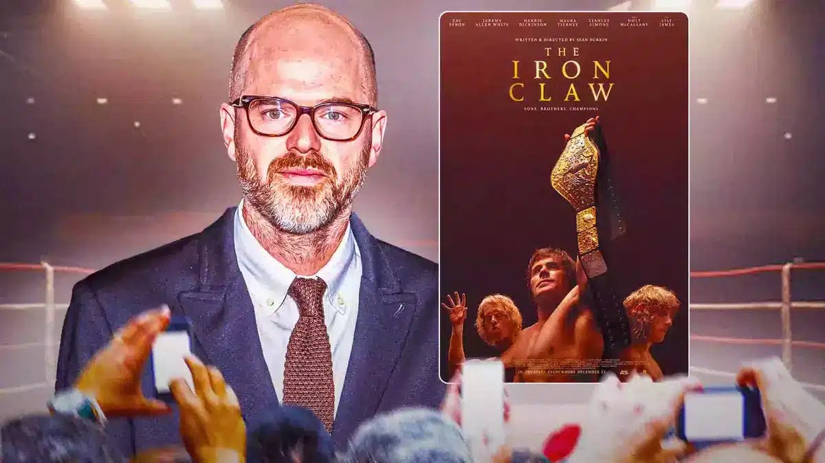 Sean Durkin next to The Iron Claw poster.