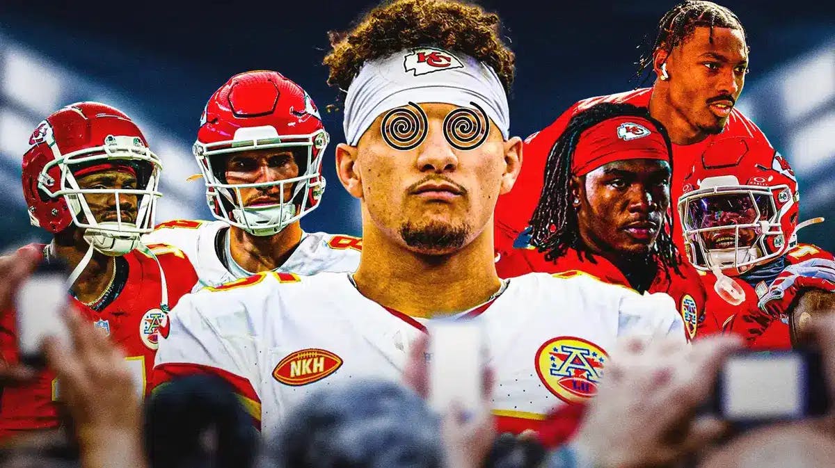 Kansas City Chiefs QB Patrick Mahomes in front and center of image, with swirly eyes to show confusion. Please surround Mahomes with images of Rashee Rice, Justin Watson, Kadarius Toney, Marquez Valdes-Scantling, and Mecole Hardman.