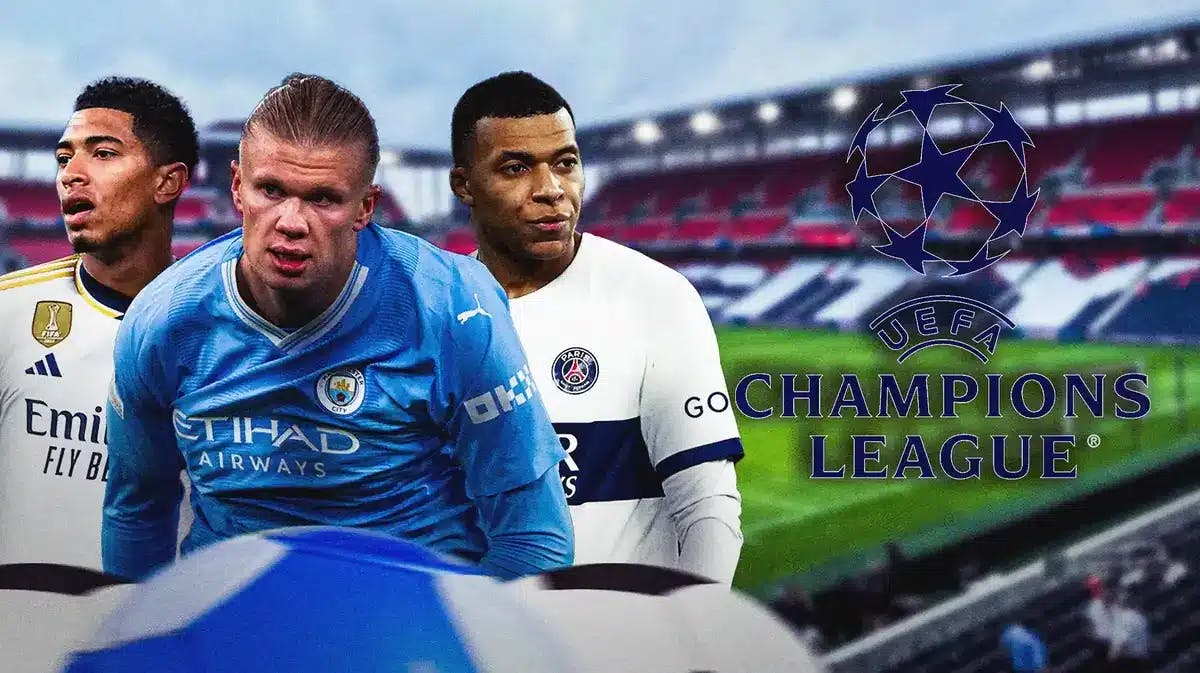 Jude Bellingham, Erling Haaland, Kylian Mbappe in front of the Champions League logo