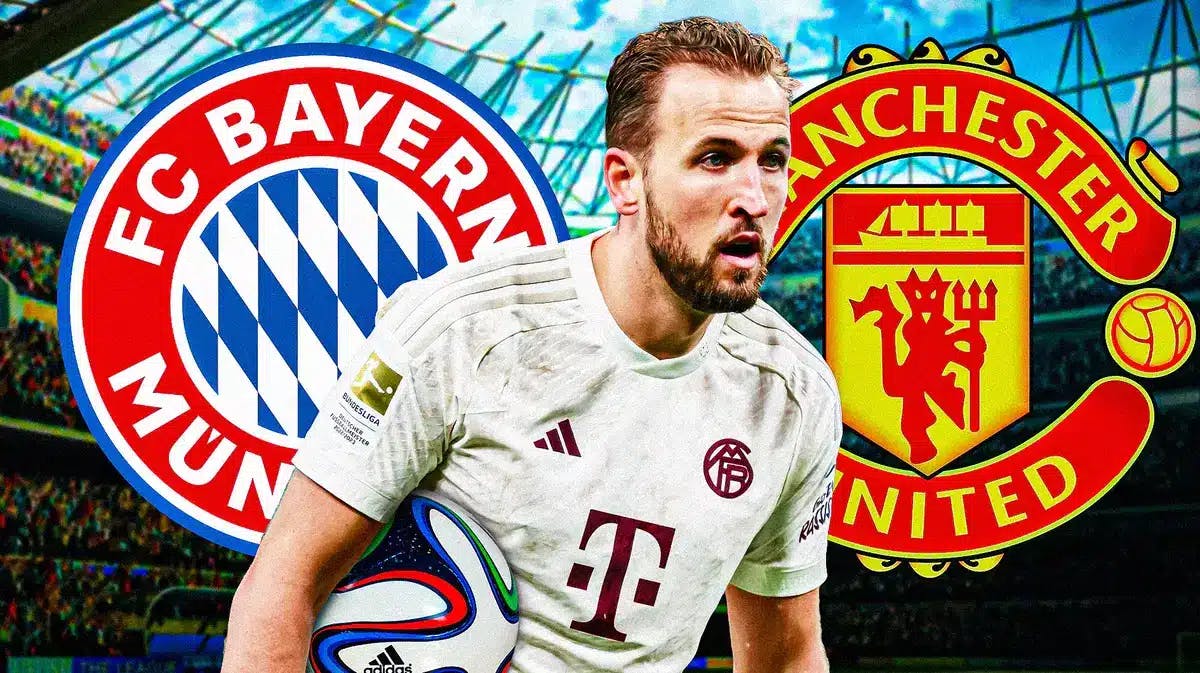 Harry Kane in front of the Bayern Munich and Manchester United logos