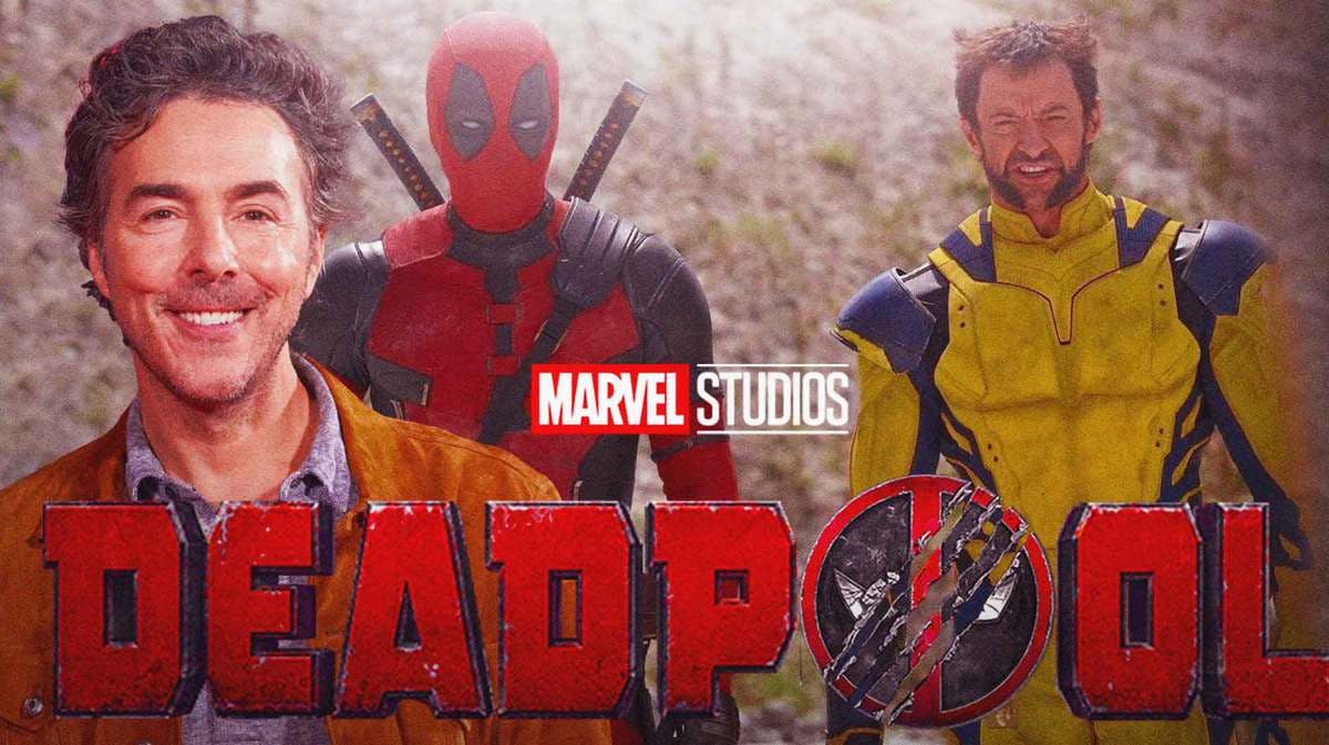 Shawn Levy next to MCU Deadpool 3 logo and Ryan Reynolds and Hugh Jackman's Wolverine.