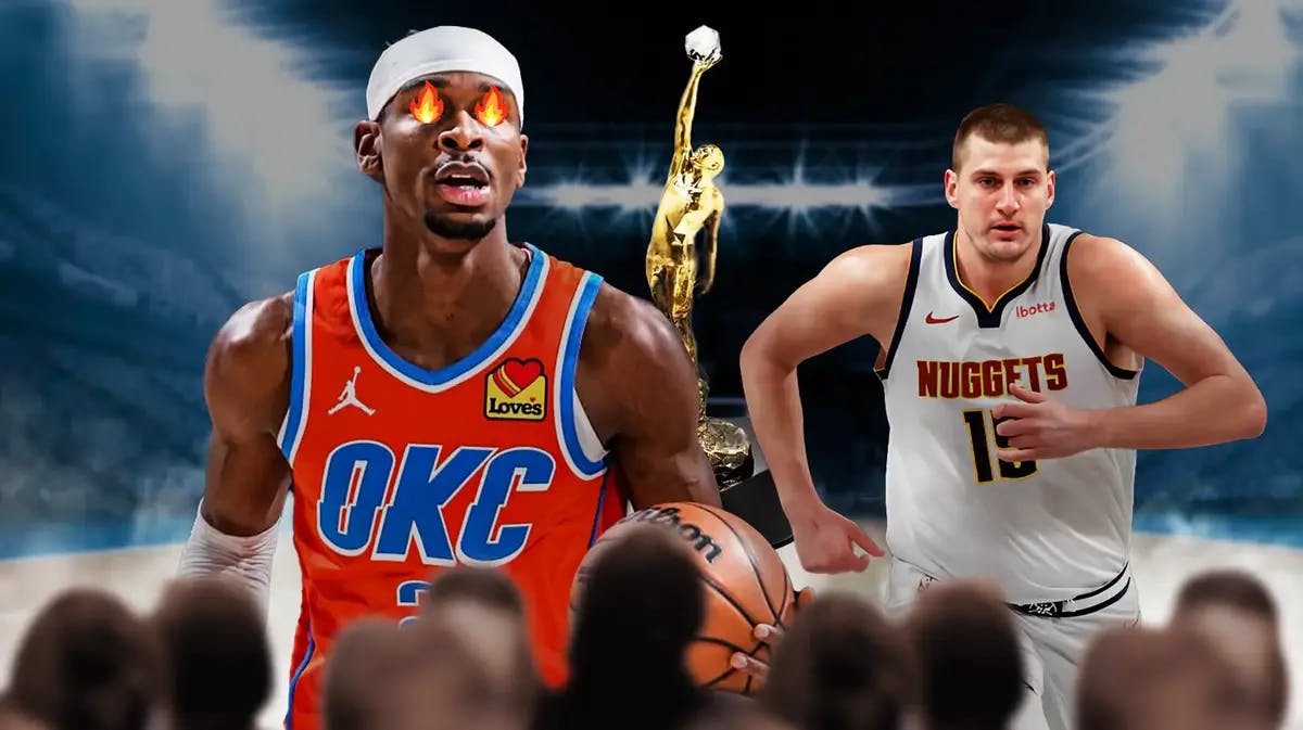 Thunder Shai Gilgeous-Alexander with NBA MVP trophy and Nuggets Nikola Jokic