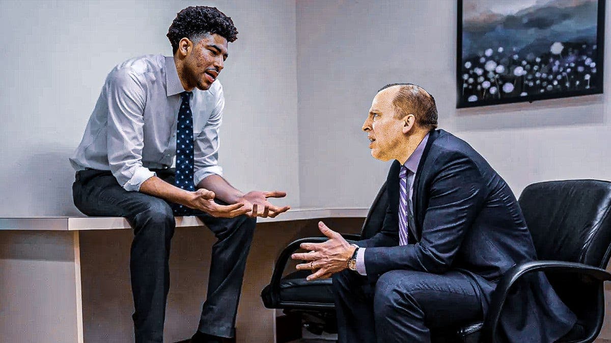 Knicks' Quentin Grimes as the man on left and Tom Thibodeau as the guy on right