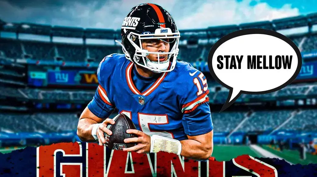 New York Giants' QB Tommy DeVito and speech bubble “Stay Mellow”