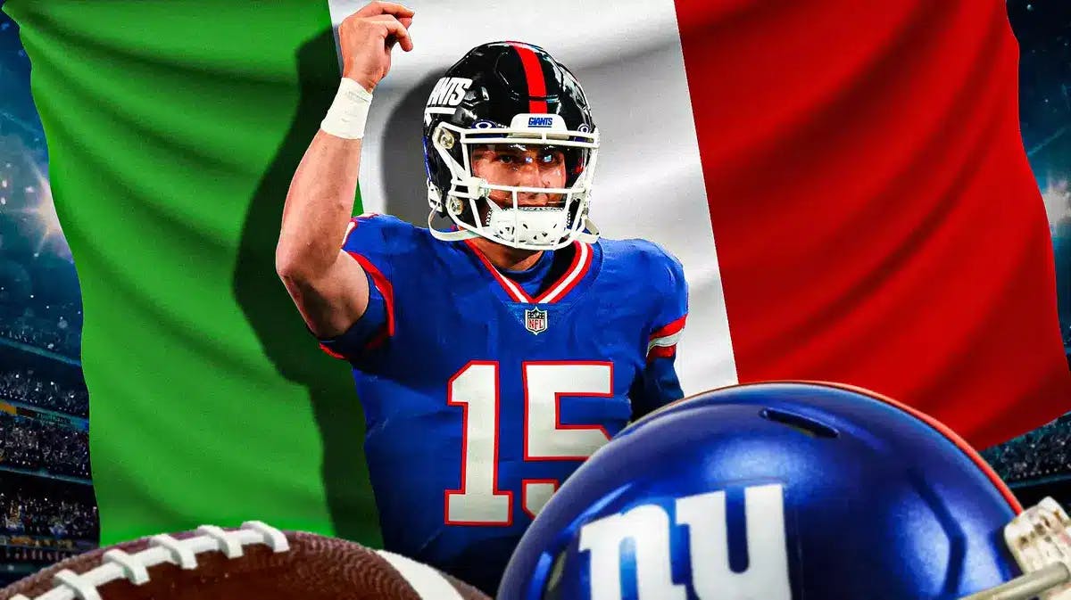 New York Giants quarterback Tommy DeVito with the Italian flag behind him