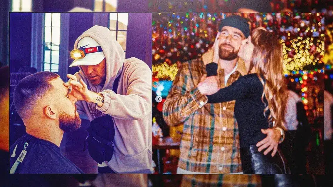 Instagram pic of Patrick Regan giving Travis Kelce a haircut, alongside Instagram pic of Taylor Swift kissing Travis Kelce on the cheek in front of Christmas decorations