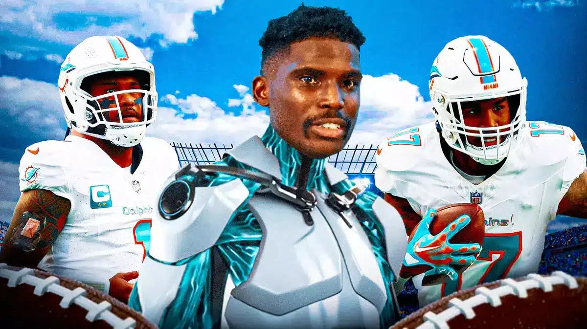 Dolphins' Tyreek Hill edited into an engine. Tua Tagovailoa, Jaylen Waddle looking happy.