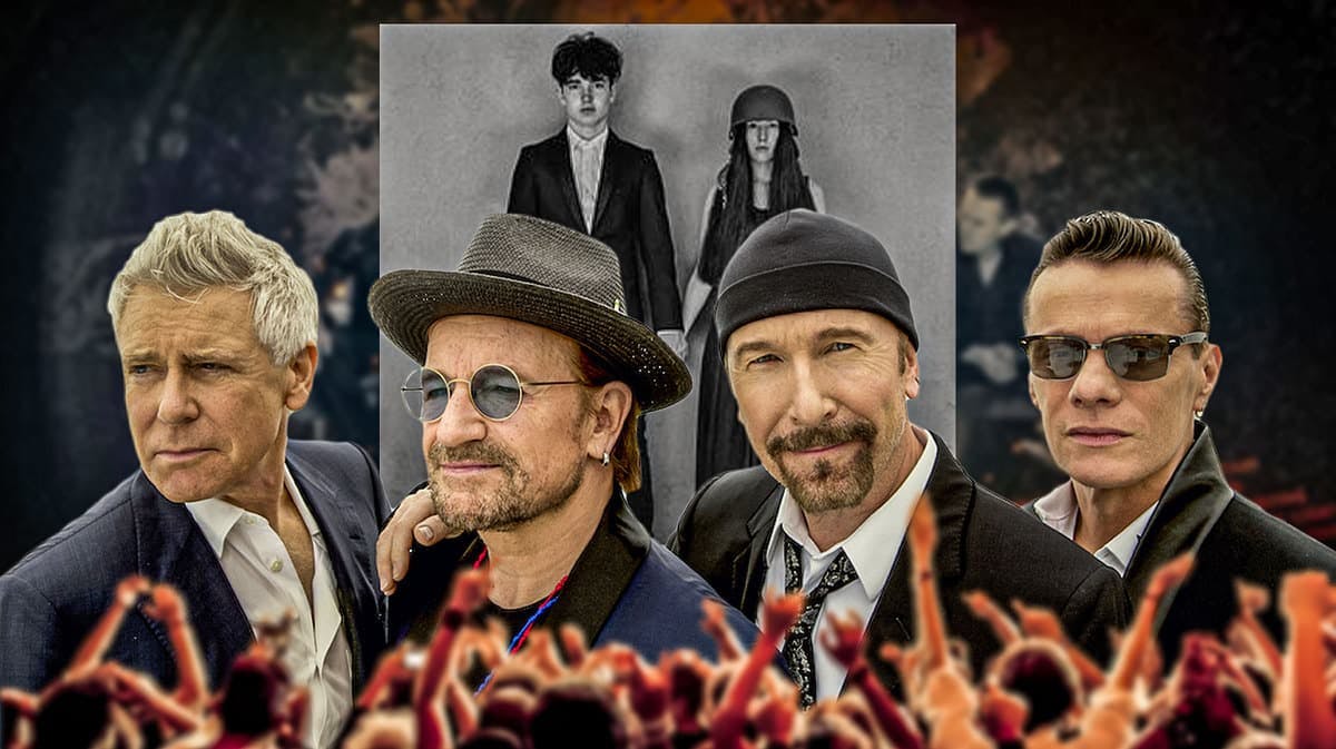 U2 Adam Clayton, Bono, The Edge, and Larry Mullen Jr. with Songs of Experience in background.