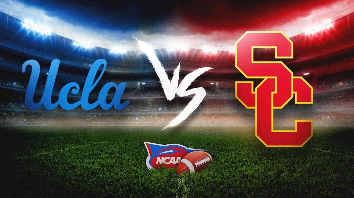 UCLA and USC logos on the gridiron, with the NCAA football logo between them