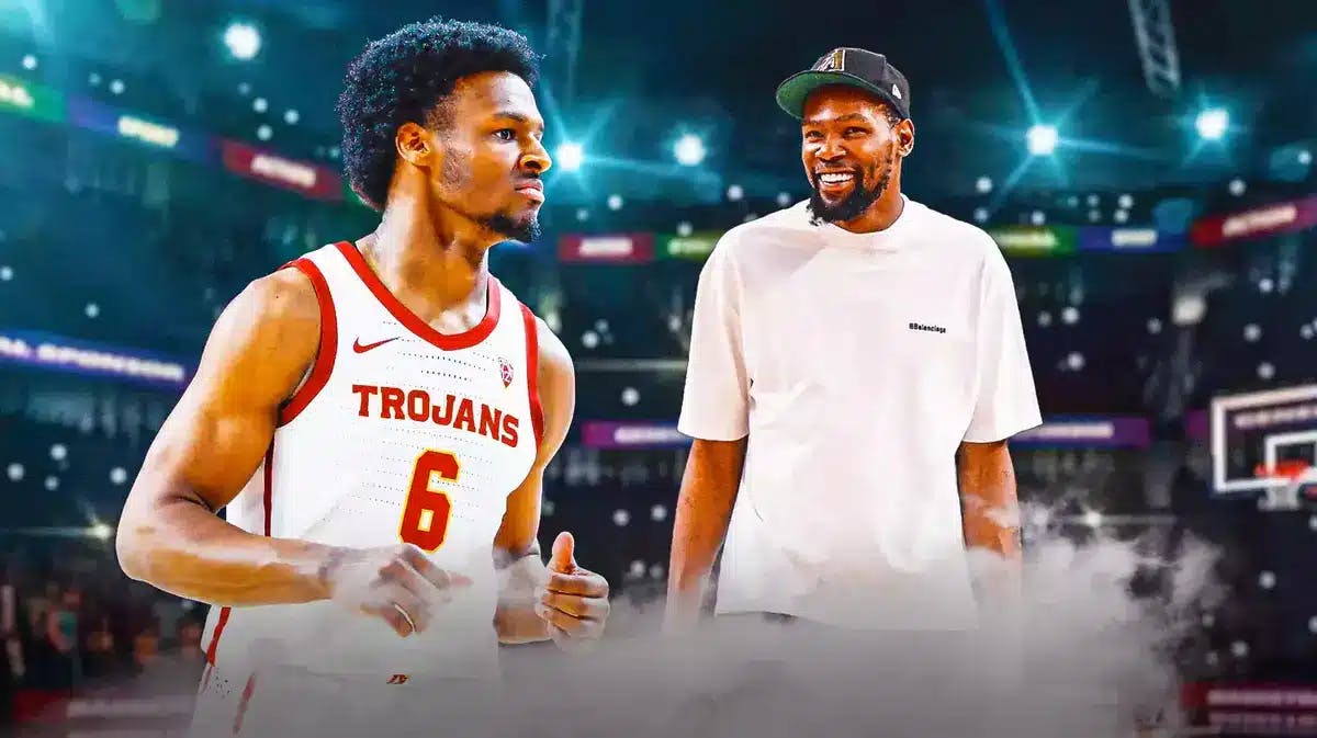 Bronny James in USC uniform along with Kevin Durant in casual clothes smiling
