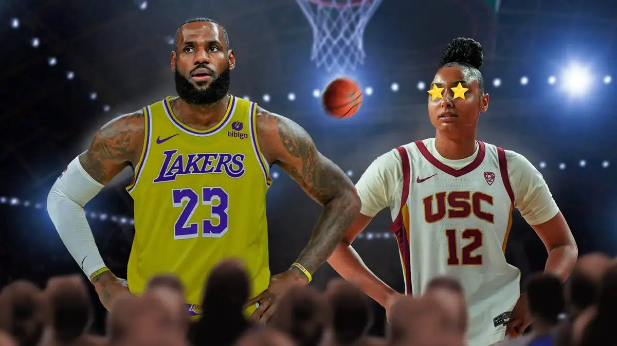USC women’s basketball player JuJu Watkins in her USC uniform, with stars in her eyes looking at LeBron James in his Lakers uniform.