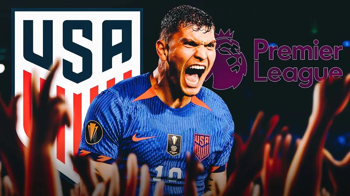 Brandon Vazquez celebrating in front of the USMNT and Premier League logos