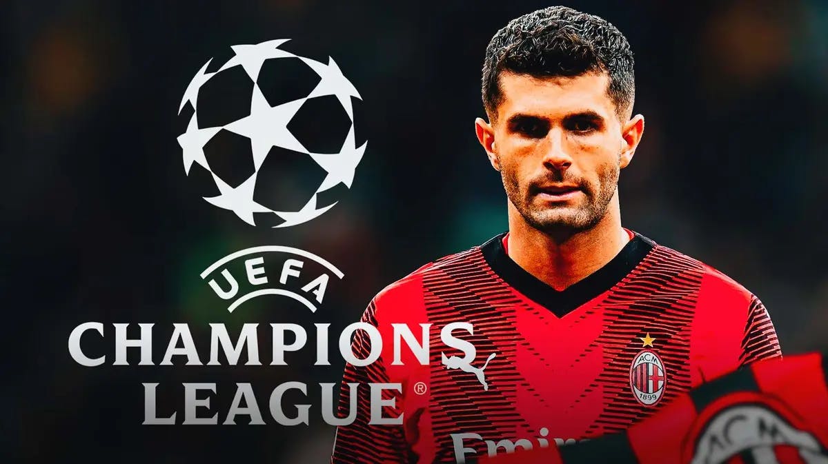 Christian Pulisic looking sad/mad in front of the Champions League logo